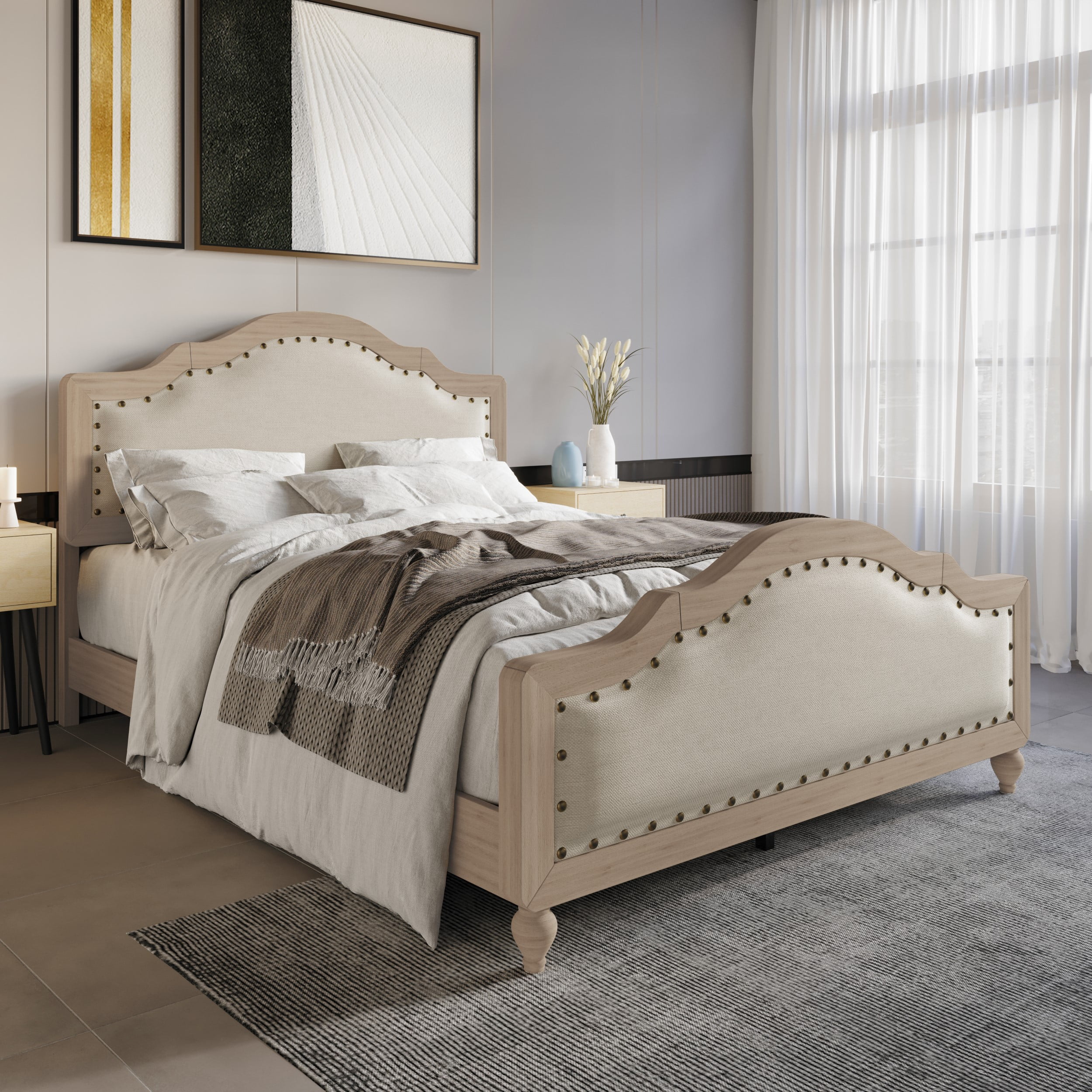 Home Design Hilton Queen Platform Bed Frame with Foam-Padded Headboard and Nailhead Trim, Antique Gray/Warm Gray, Easy Assembly