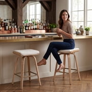 Guyou 26 Swivel Counter Height Bar Stools Set of 2, Modern Backless Counter Height Bar Stools with Linen Upholstered, Farmhouse Bentwood Saddle Seat Wooden Island Chairs for Kitchen Pub, Beige