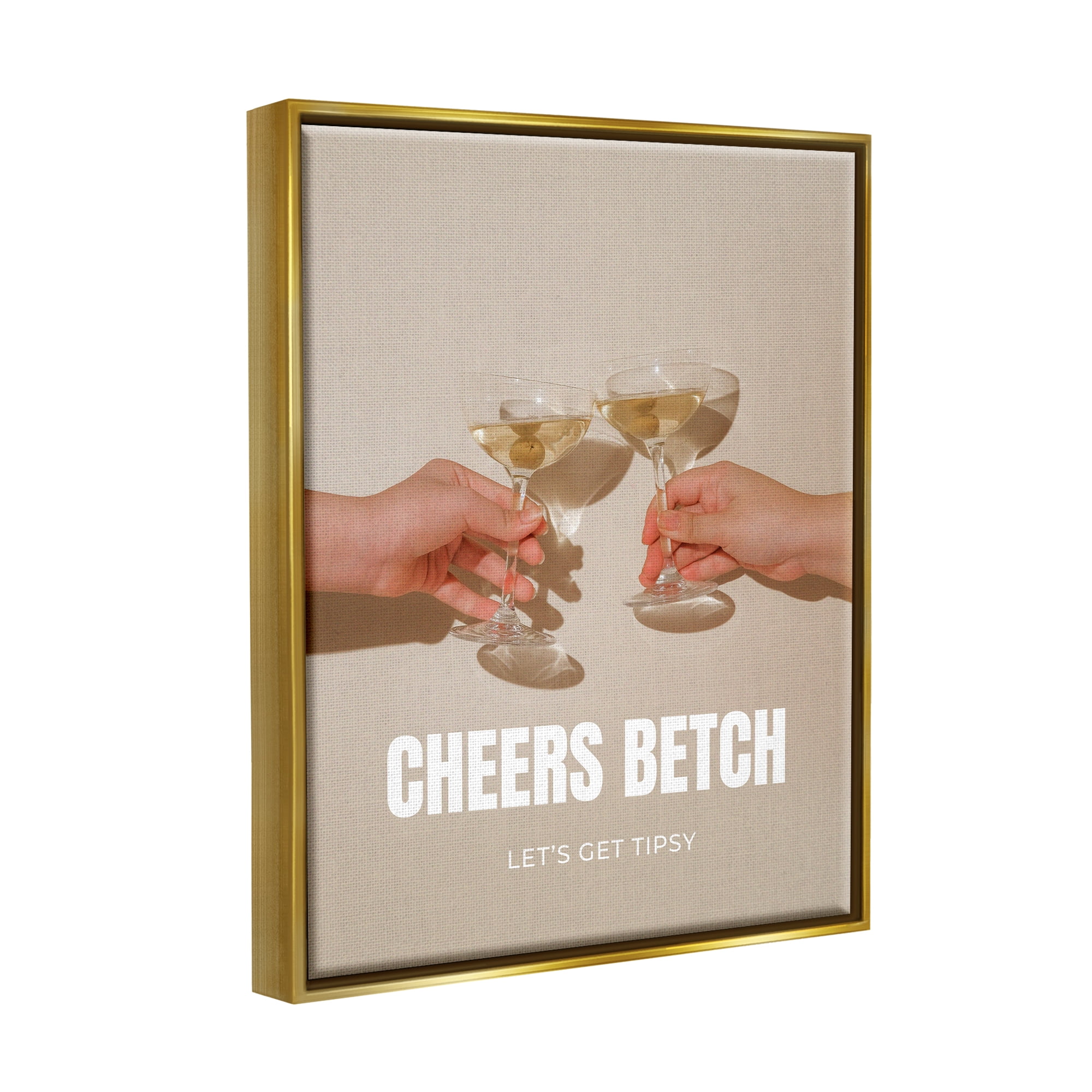 Stupell Industries Cheers Betch Wine Glasses Food & Beverage Painting Gold Floater Framed Canvas Art Print Wall Art, 25 x 31