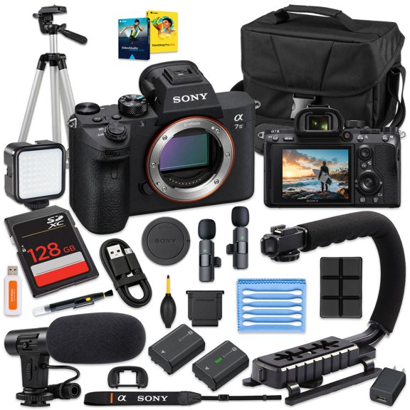Sony a7 III Mirrorless Camera Body | Full-Frame Creator Bundle, 128GB Memory Card, Camera Case, Extra Battery, Tripod, Wireless Dual Mic, Video Microphone, LED Light, U-Grip (International Version)