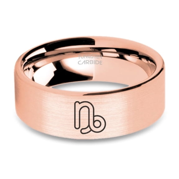 Capricorn Horoscope Sign Engraved Rose Gold Tungsten Ring, Brushed, 8mm, Size 15