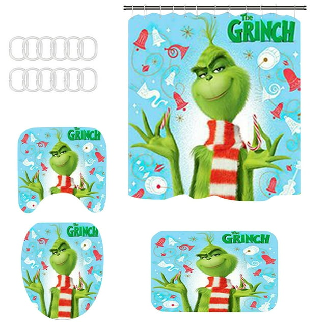 Juego de baño de 4 piezas de Grinch en oferta navideña: juego de baño de Grinch con estampado de muñeco de nieve, alfombrilla de baño y cortina de ducha para alegrar la Navidad Juego de baño de Grinch