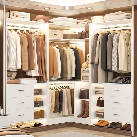 Homieasy 61'' - 92.6'' W Closet System with Wooden Drawers and Hanging Rods, White