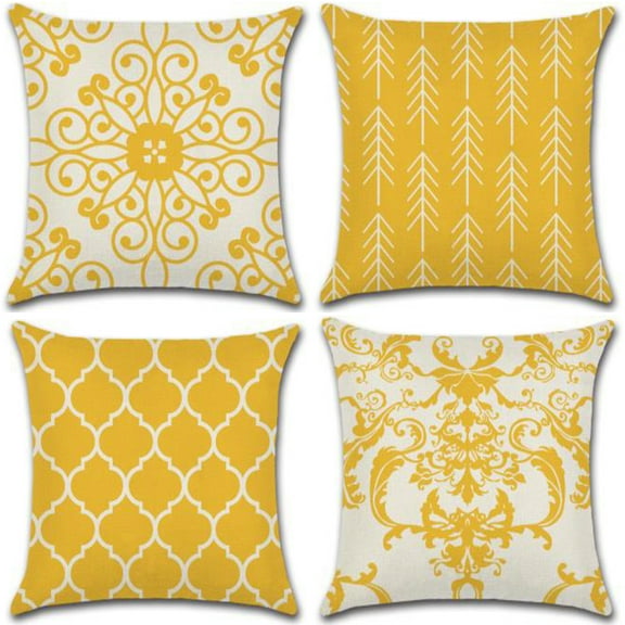 Boho Style Yellow & White Pattern Style, Cotton Linen Fabric Decorative Indoor Outdoor Throw Pillow Cover Set 18x18