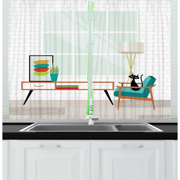 Mid Century Kitchen Curtains, Cozy Room Scene Illustration with Modern  Style Furniture and Cat, Two Panels Drapes with Rod Pocket Room Decor, 55