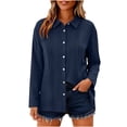 thumbnail image 5 of VBVC Women's Cotton-Linen Collared Tunic Top , Ladies' Long Sleeve Button Down Blouse , Loose Fit Pleated Shirts For Women,Navy,S-2XL, 5 of 10