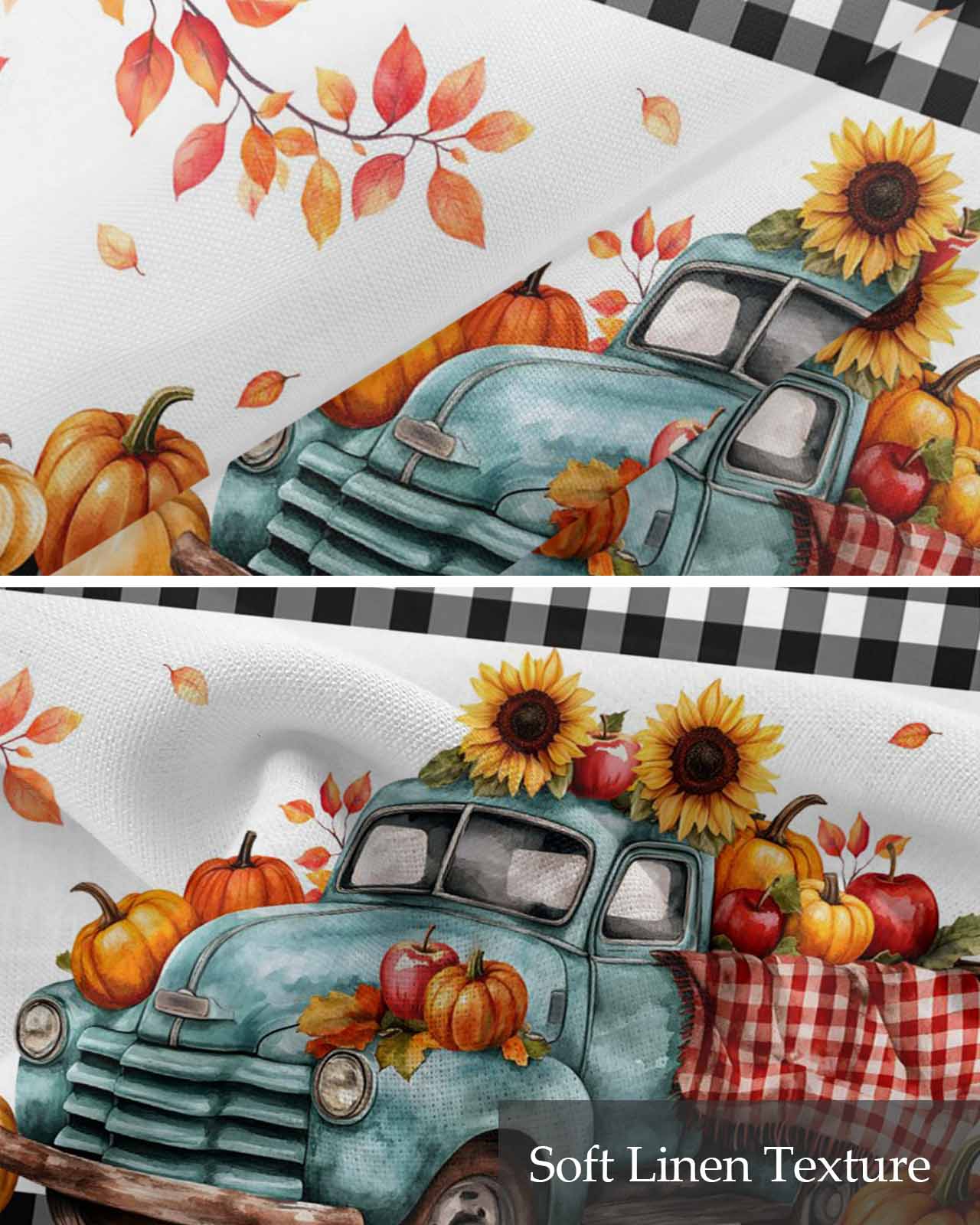 Fall Thanksgiving Kitchen Valances for Windows Farmhouse Linen Window Valance Curtain for Living Room Window Treatment Pumpkins Old Truck Branch Rustic Valance Rod Pocket Topper Drape, 42 x 18 Inch