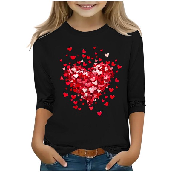 Bnwani Valentines Long Sleeve Toddler Shirts Plain Crew Neck Casual Heart Printed Tops 3-4t