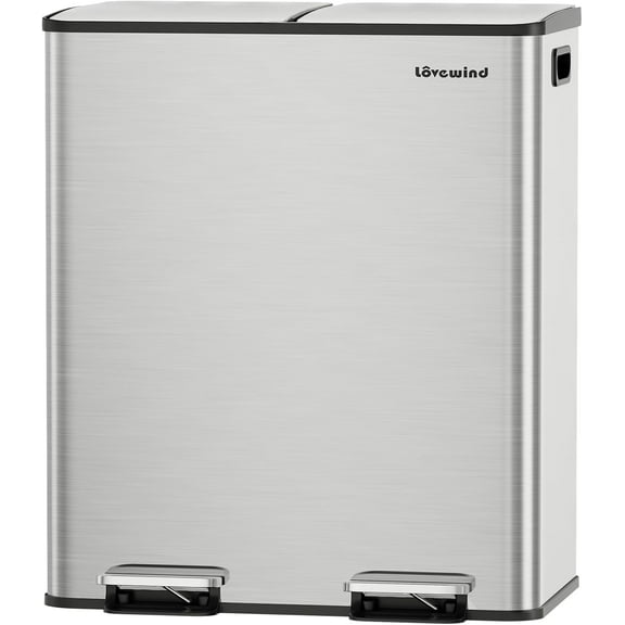 Lovewind Kitchen Trash Can, 2 x 8 Gallon (2 x 30 L) Stainless Steel Trash and Recycle Bin Combo with Soft-Close Lid, Dual Compartment Recycling Kitchen Step Trash Bin, Silver