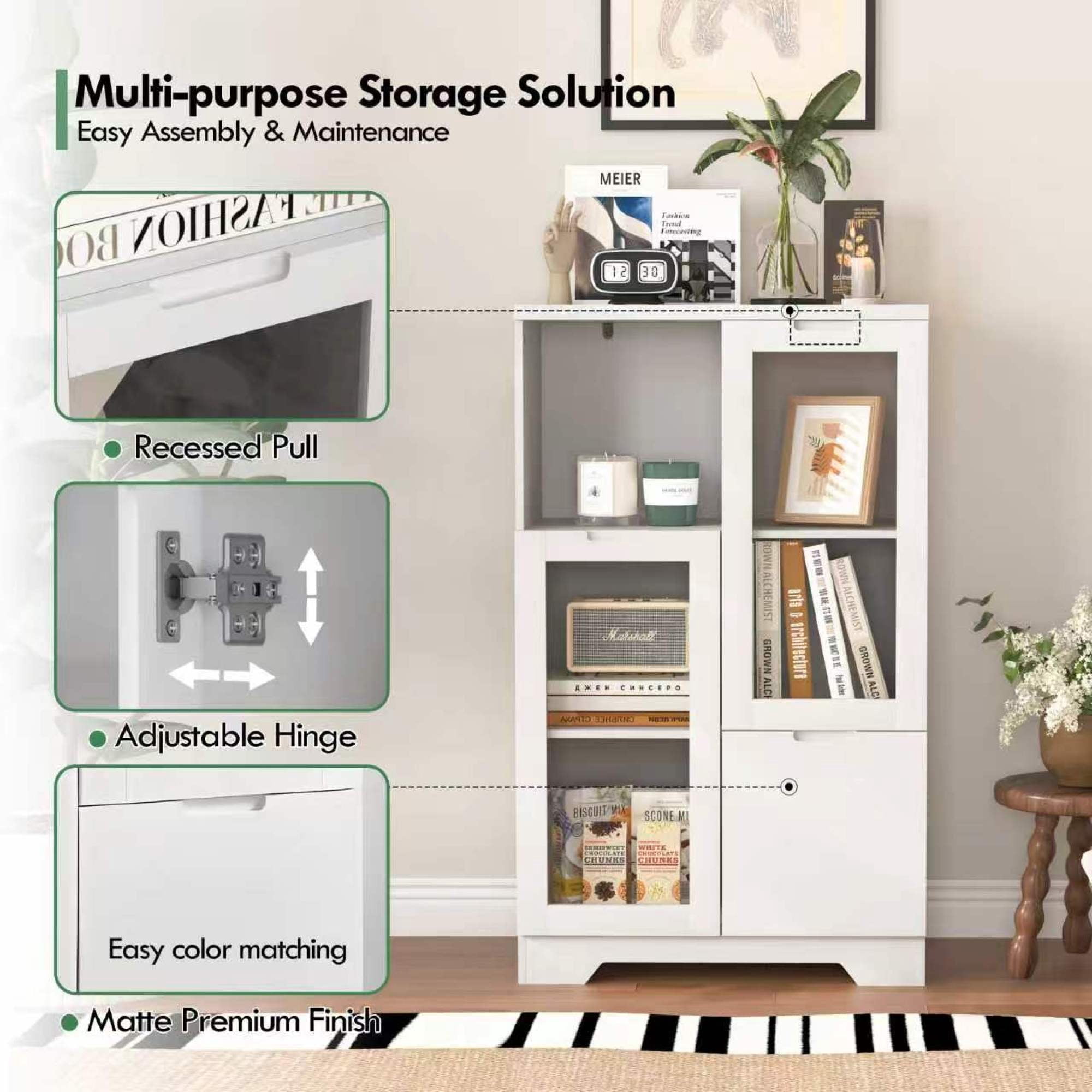 Leumius Sideboard Cabinet with Storage,Buffet Cabinet with Glass Doors & Drawer,Open Storage Cabinet for Living room,White
