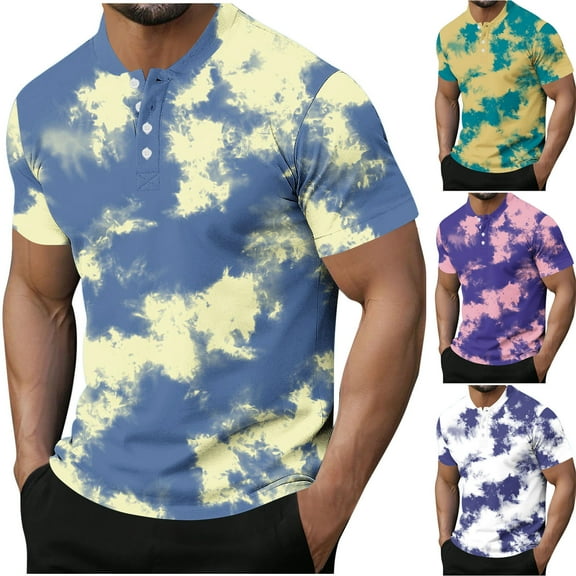 WRKEKC Men's Casual Short Sleeve Shirts Tie-Dye Printed Button-Front Crew Neck Top for Men Fashion Daily Wear Social Events and Leisure Time