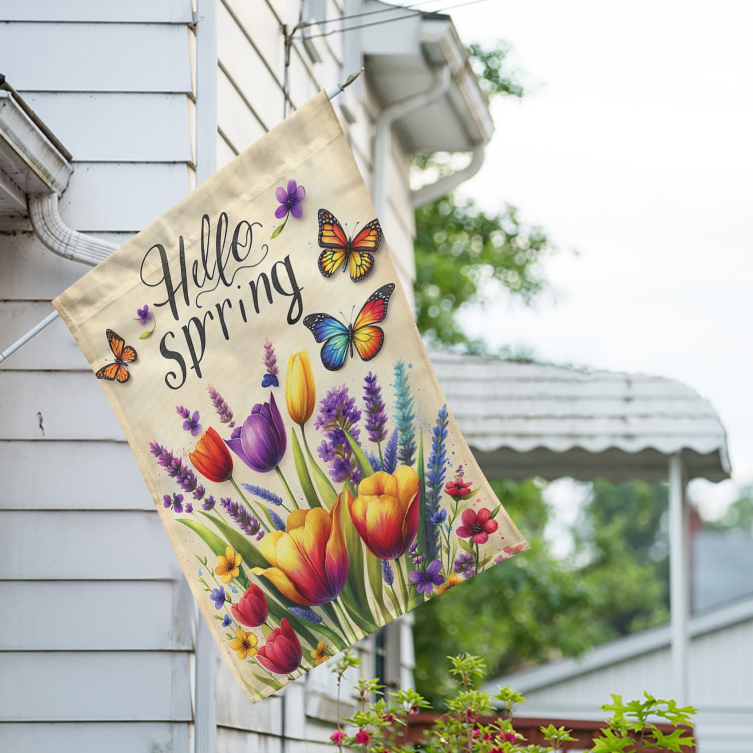 America Forever Hello Spring House Flag, 28 x 40 inch Double Sided, Spring Tulip Butterfly Flag, Colorful Spring Flower Decor, Hello Spring Yard Flag