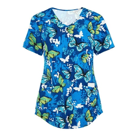 

purcolt Plus Size Scrubs Tops For Women Short Sleeve V-neck Heart Printed Holiday Working Uniforms Valentine s Day Shirts with Pocket