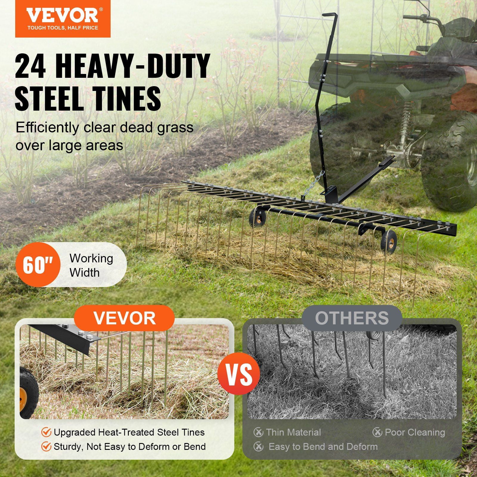 60 Inch Tow Behind Dethatcher with 24 Steel Tines Lift Handle for ATV Mower Lawn Rake Leaves Pine Needles Grass