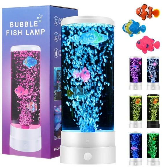 Fake Fish Aquarium Lamp, Artificial Fish Tank Lava Night Light, Battery and USB Powered Mini Bubble Lamp with Remote Control, LED Bubble Fish Lava Lamp for Home Office Decor