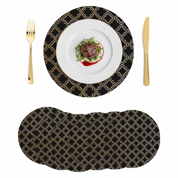 Black Moroccan Round 13 Inch Placemats Set of 6, Geometric Abstract Art Modern HeatResistant Non Slip Place Mats for Dining Table, Wipeable Braided Kitchen Table Mats for Housewarming