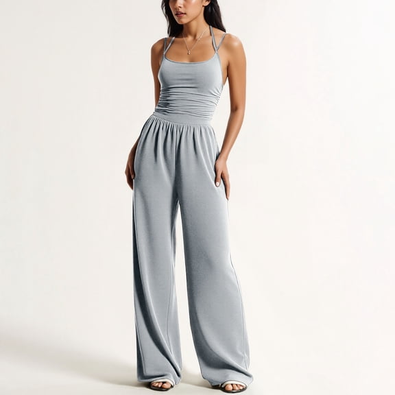 Women's Summer Jumpsuit Spaghetti Strap One Piece Outfit Wide Leg Baggy Pants Romper