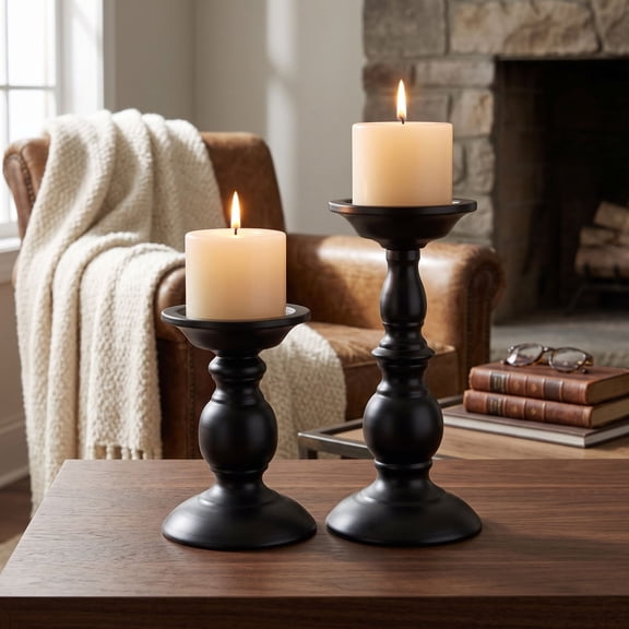 Black Pillar Candle Holders Set Of 2, 6.2 and 8.7 Inch Matte Metal Candlestick Stands, Decorative Centerpieces for Fireplace Mantel Dining Table Wedding and Party, Black