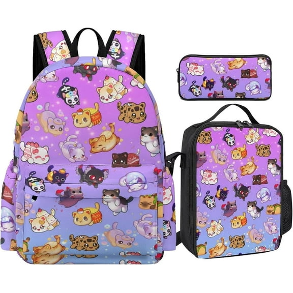 Generic Purple Cat Backpack With Lunch Box Pencil Bag 3Set for Men Women