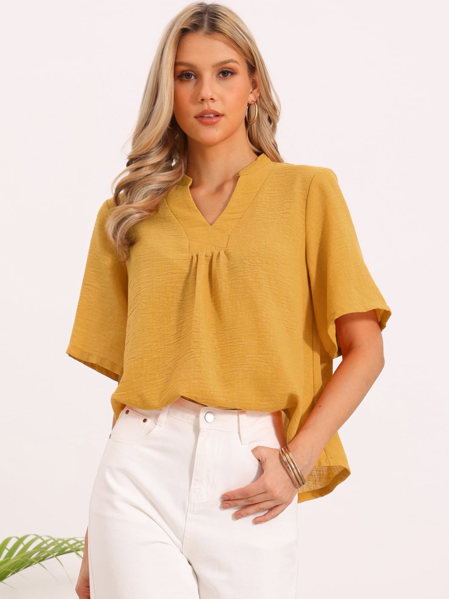 DARING DIVA Women's Short Sleeve Blouses V Neck Dressy Casual Solid Tops S Yellow