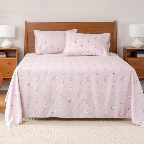 Peanuts Kids Sheet Set King Size - 4 Pieces Cute Snoopy Printed Soft Microfiber Bed Sheets Spring Pink