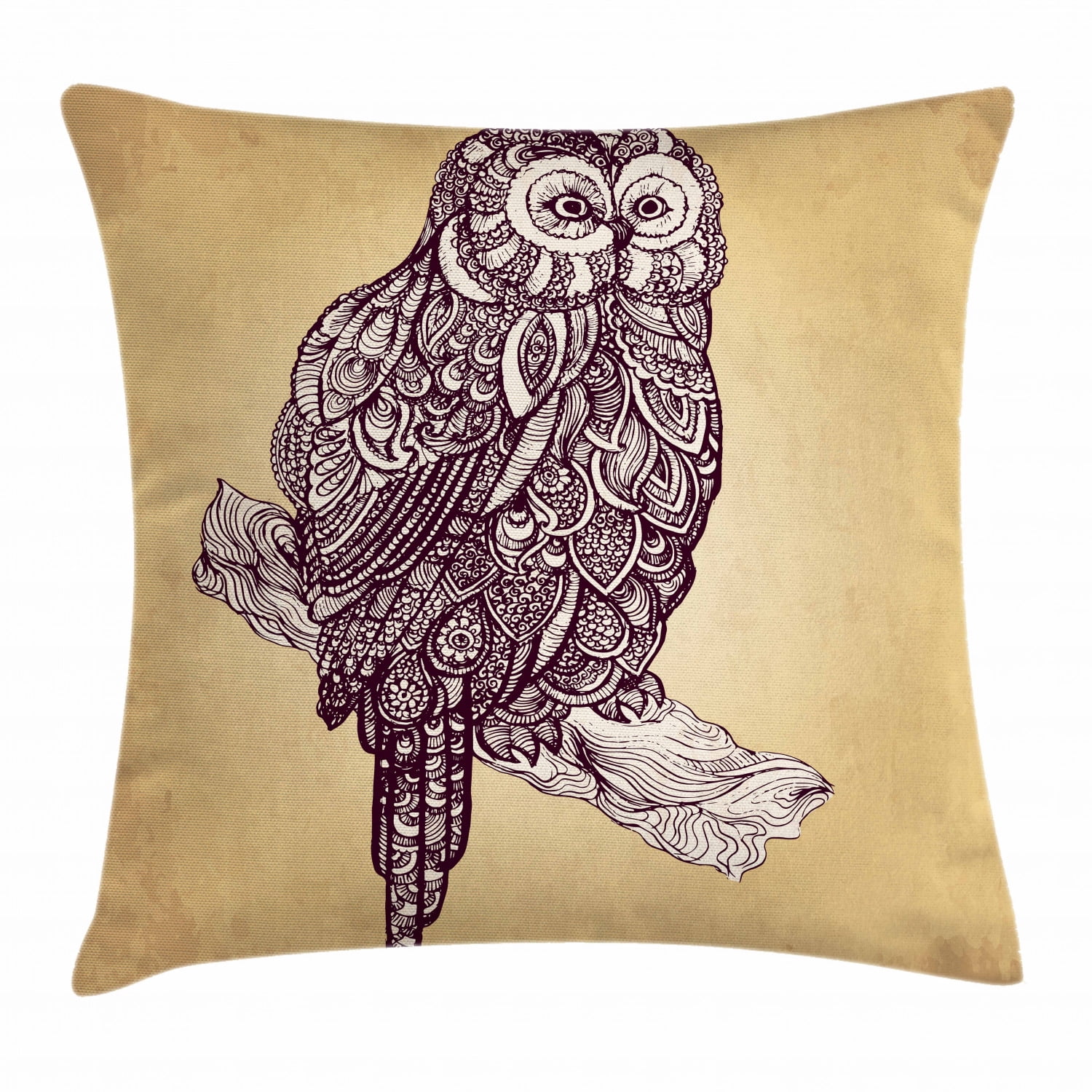 Owl Throw Pillow Cushion Cover, Hand Drawn Style Artistic Bird Figure Perched on a Branch Vintage Style, Decorative Square Accent Pillow Case, 18 X 18 Inches, Beige Seal Brown Off White, by Ambesonne