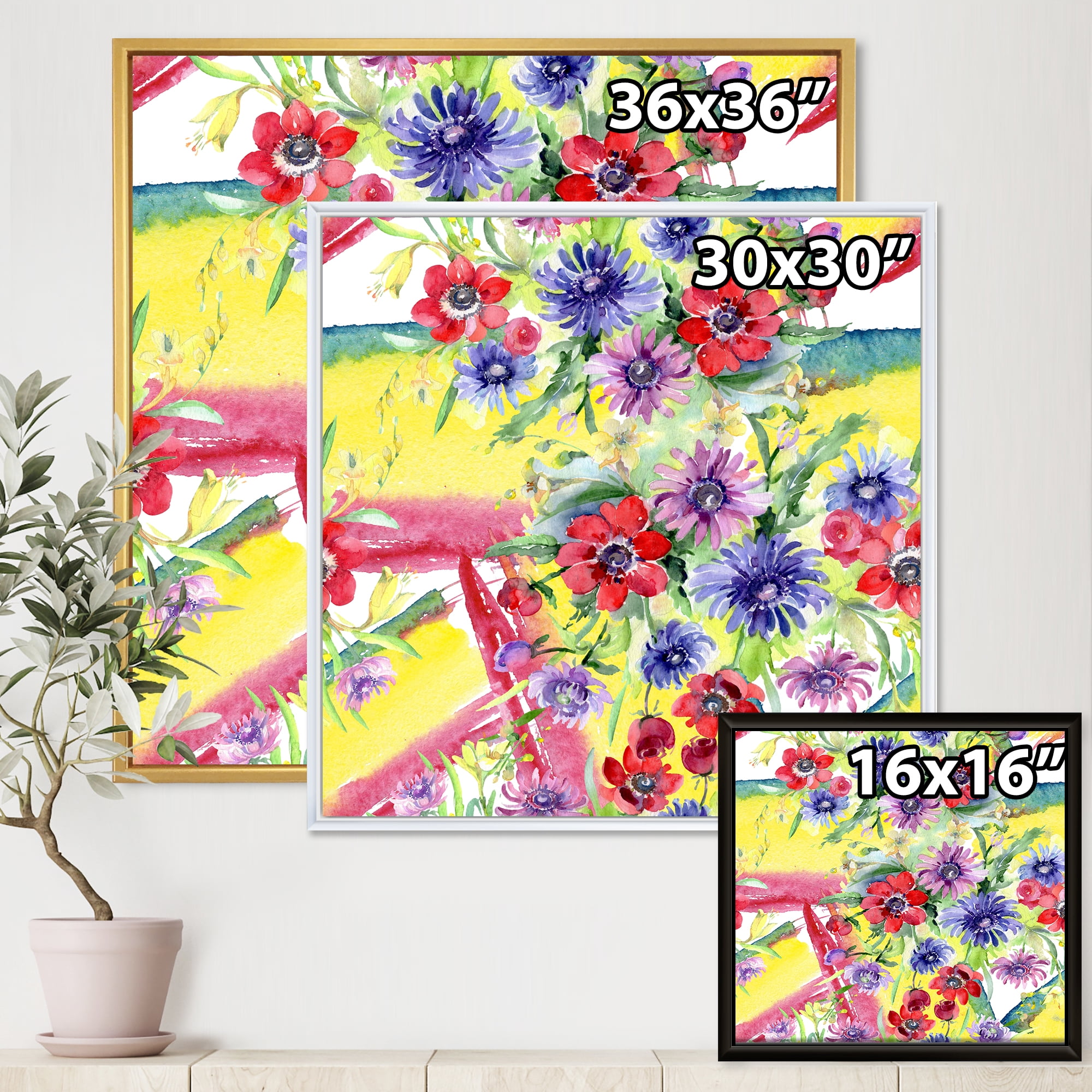 Wildflowers and Vibrant Wild Spring Leaves V 36 in x 36 in Framed Painting Canvas Art Print, by Designart