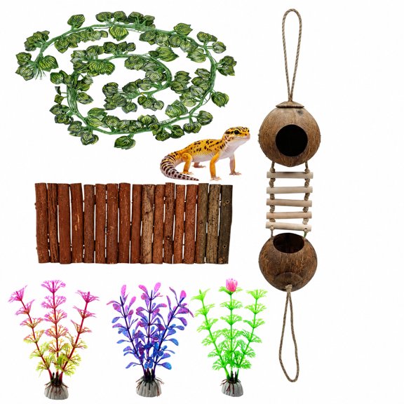 Reptile Tank Decor Set | Hanging Vines, Double Coconut Hide & Ladder for Gecko, Lizard, Snake