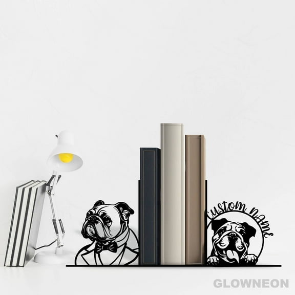 Glowneon Custom Bull Dog With Suit Bookend Metal Art, Book Ends Decor