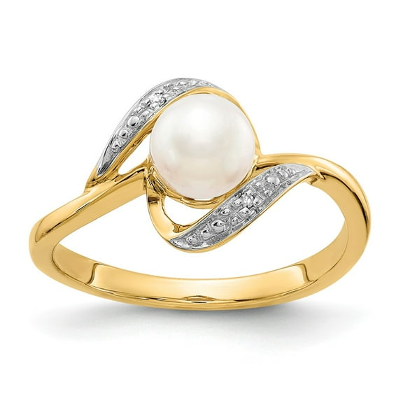14K Yellow Gold Ring Band Pearl Diamond Round Freshwater