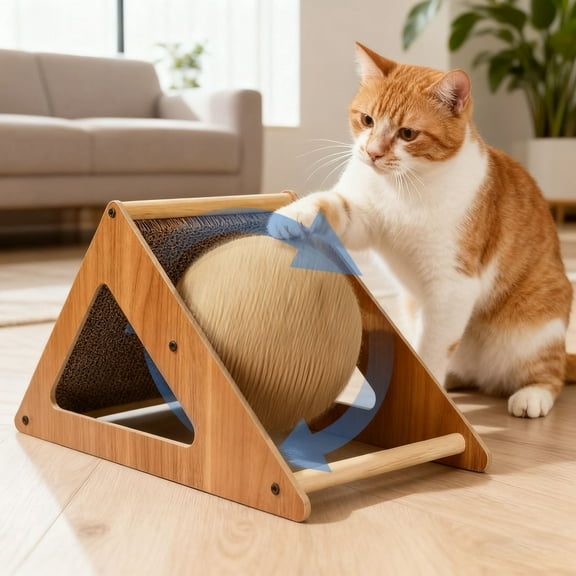 Small Cat Scratcher Toy with Sisal Ball, 2-in-1 Rope Ball & Cardboard Cats Scratching Interactive Solid Wood Durable Scratch for Indoor Kitties Wear-Resistant Furniture Supplies