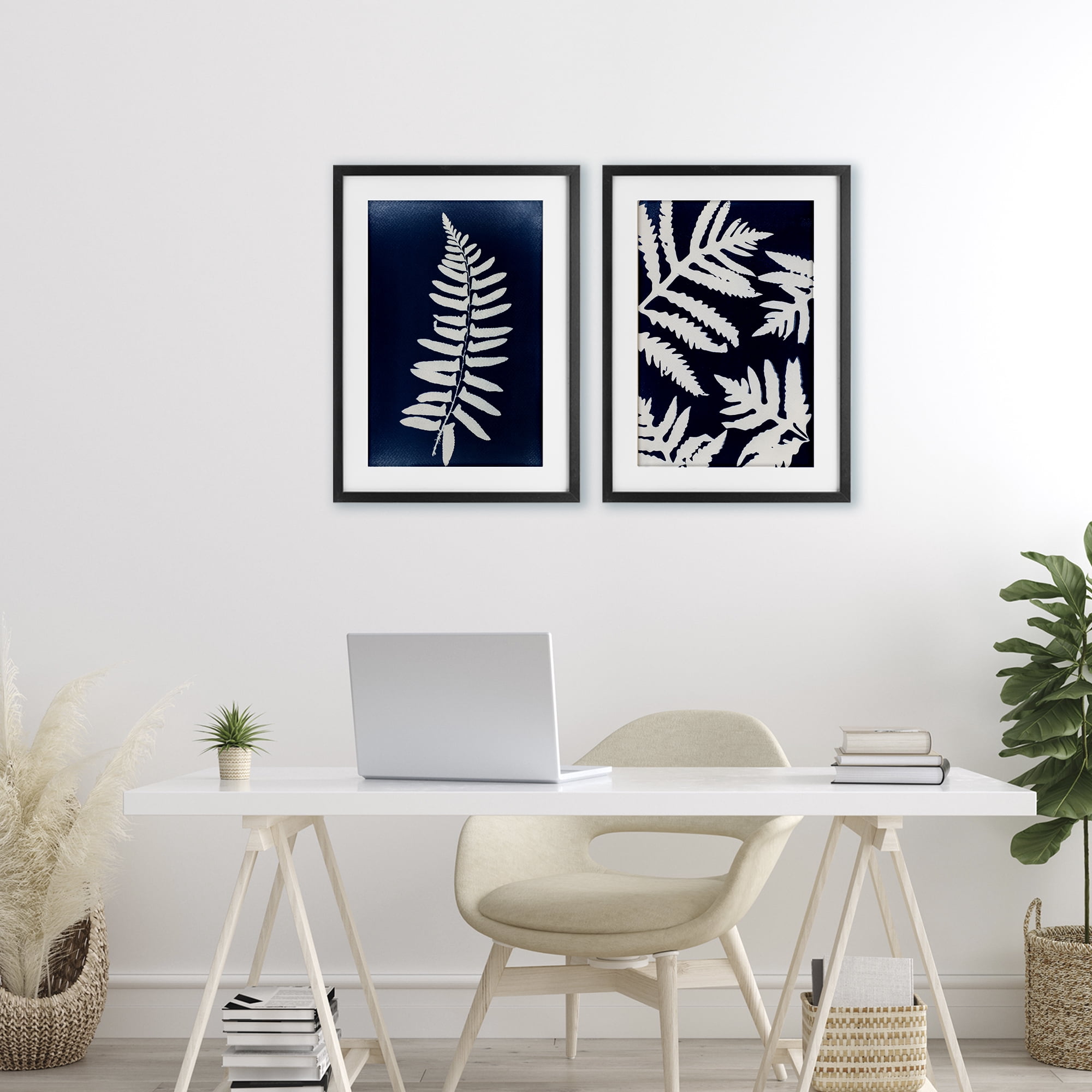 Stupell Industries Fern Leaves on Indigo 2 Piece Black Framed Print Under Glass Set, design by Lynn Byrd