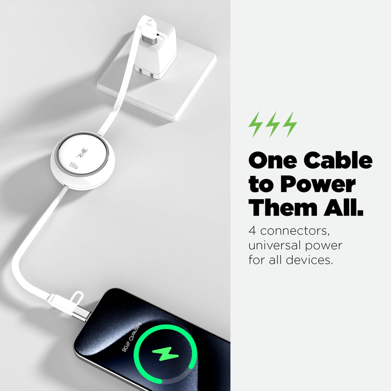 MtBat Pro PowerLines 4-in-1 Dual-Retractable Charging Cable - 3FT - White
