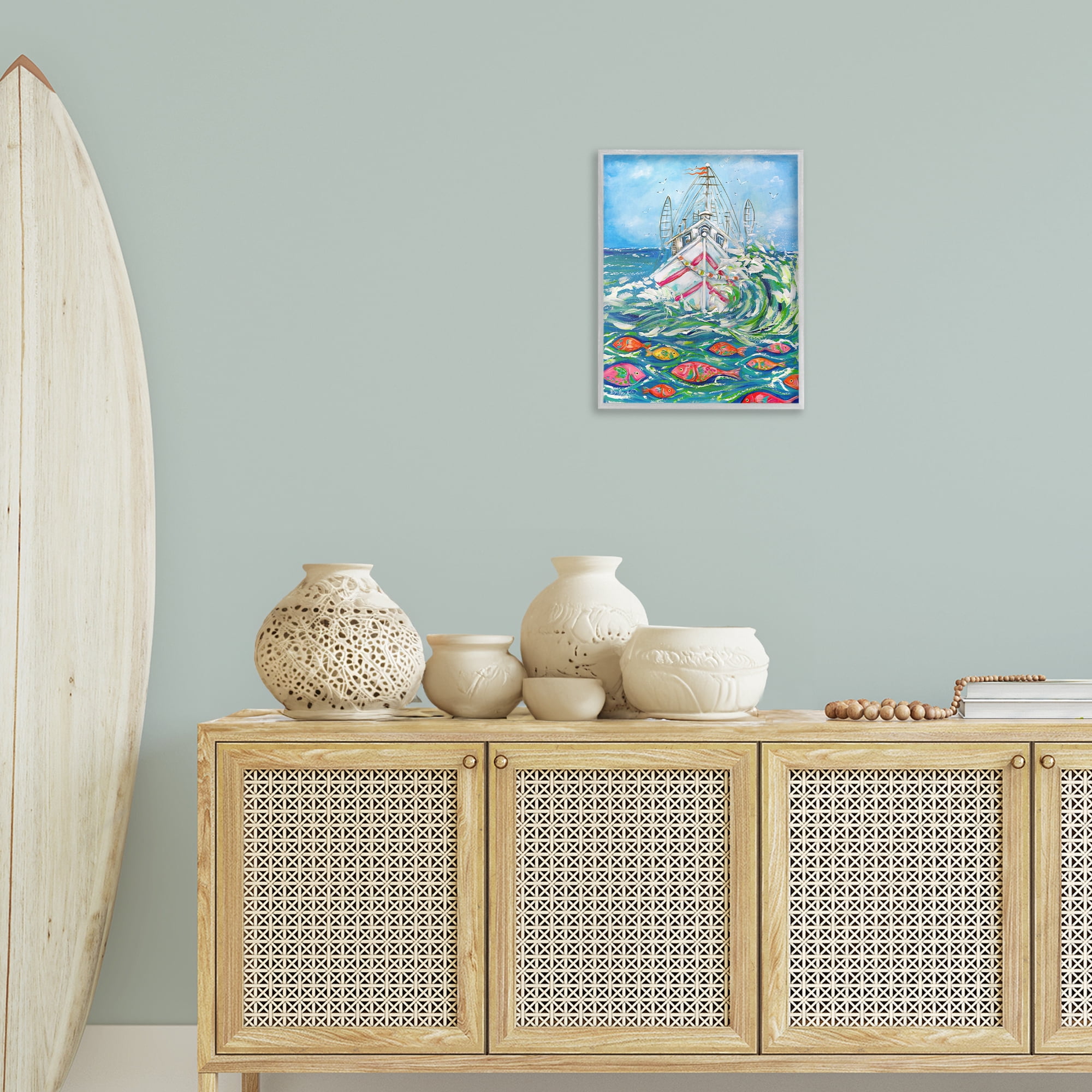 Stupell Industries Boat Net Splashing Transportation Painting Gray Framed Art Print Wall Art, 16 x 20