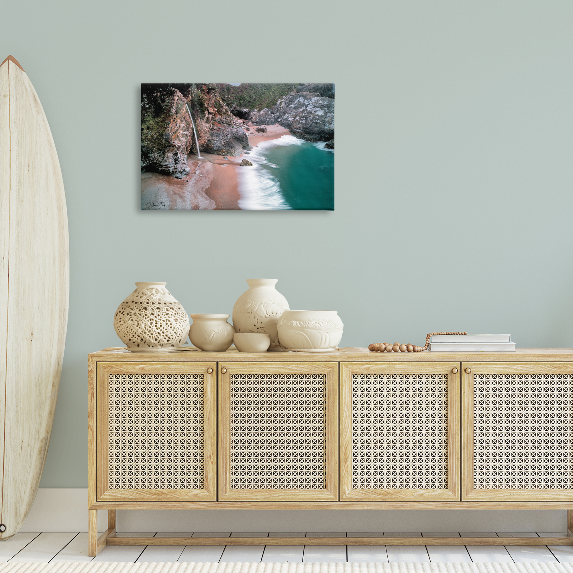 Stupell Industries Tropical Waterfall Cliffs Coastal Painting Gallery Wrapped Canvas Art Print Wall Art, 30 x 20