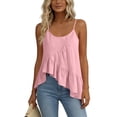 thumbnail image 4 of ClodeEU Women's Linen Blend Round Neck Spaghetti Strap Tank Top, Casual Pleated Asymmetrical Hem Blouse Pink,Women's Plus L, 4 of 8