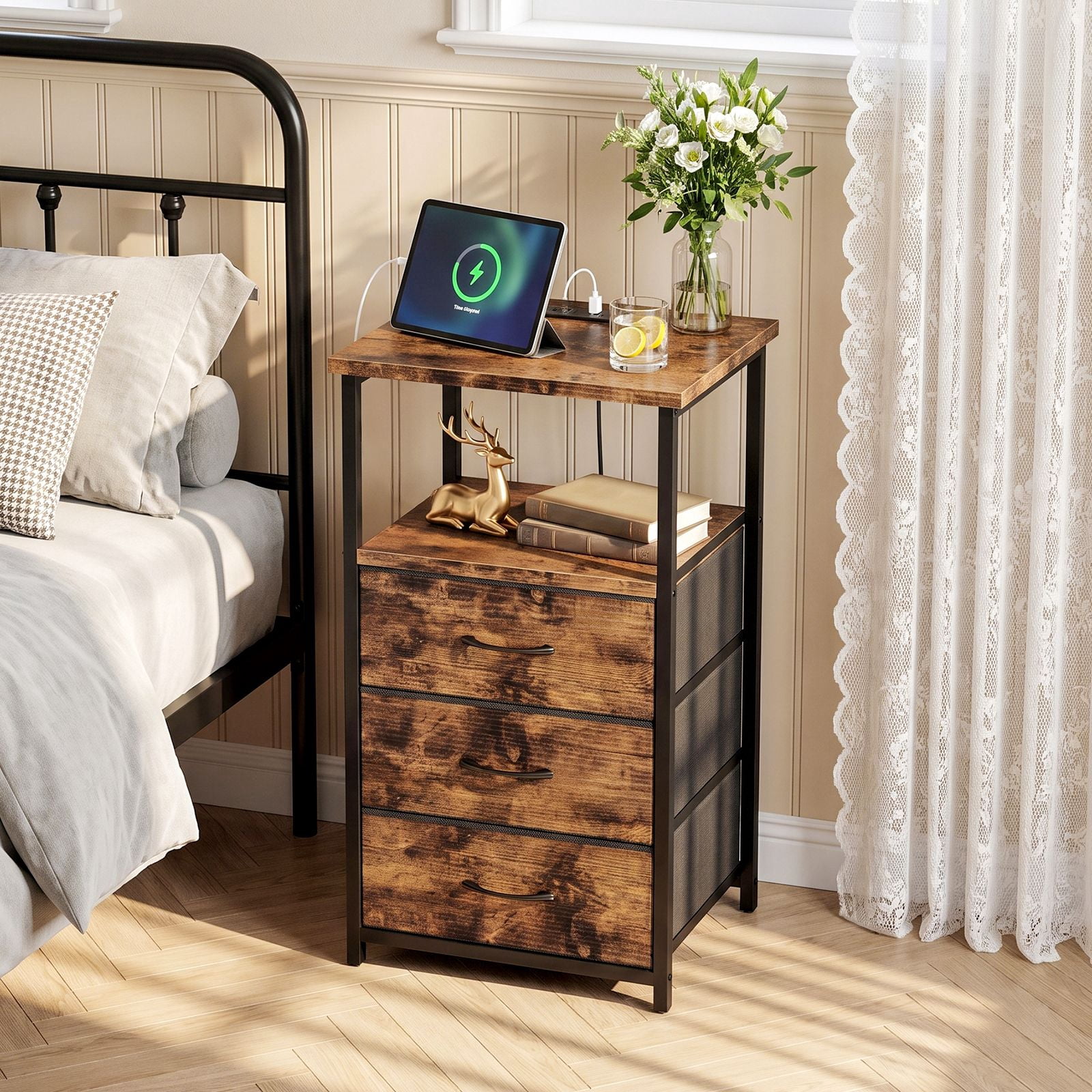 Nightstand with Charging Station and 3 Fabric Drawers, End Table with 2 AC Outlets and 2 USB Ports, Open Shelf, MDF and Metal Frame, Bedroom