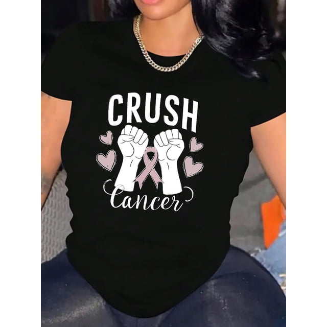 Awareness Pink Heart & Fist Graphic Tee - Women's Casual Crew Neck Short Sleeve T-Shirt, Comfortable Summer Top, English Pattern, Fashion Trend