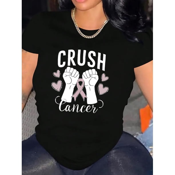 Camiseta con estampado de corazón y puño rosa de concienciación: camiseta informal de manga corta y cuello redondo para mujer, top cómodo de verano, estampado inglés, tendencia de moda, camisetas info