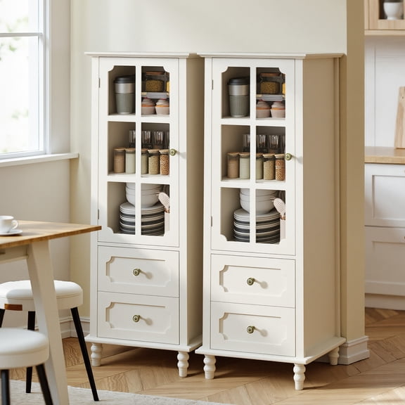 SESSLIFE Compact Buffet Cabinet with Storage and Glass Doors, Modern Pantry Storage Cabinet for Entryway, Hallway and Small Dining Area, White
