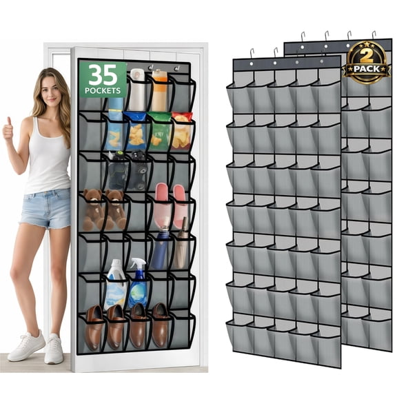 2PCS 35 Pocket Over the Door Shoe Organizer, Large Breathable Mesh Over the Door Organizer, Over the Door Shoe Rack for Men's, Women's and Kids' Shoes, Reusable Hanging Storage Bag, Gray