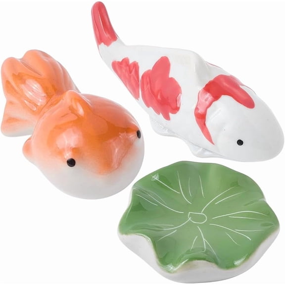 3Pcs 3 Styles Ceramic Floating Fish Aquarium Realistic Artificial Koi Fish Green Leaf Floatable Figurines Decorations for Tea Pet Decor Fairy Garden Desktop Ornaments Colorful
