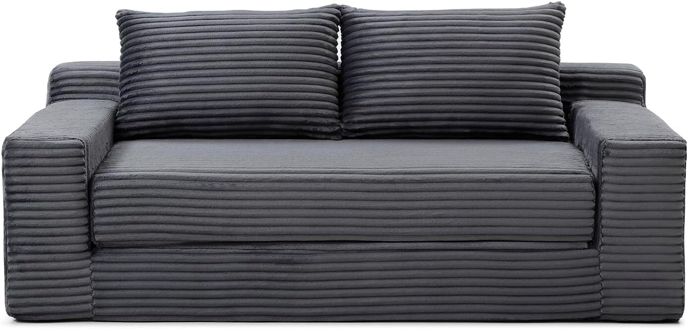 Howcool 73" Boneless Loveseat Sleeper Sofa,2 in 1 Pull Out Convertible Corduroy Floor Couch with Side Storage Pockets & 2 Throw Pillows,Foldable Guest Couch for Living Room,No Assembly Required,Grey