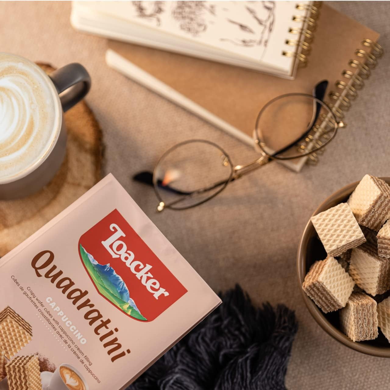 Loacker Quadratini Cappuccino, Non-GMO Cream-Filled Bite-Size Wafer Cookies, 7.76 oz, Pack of 6
