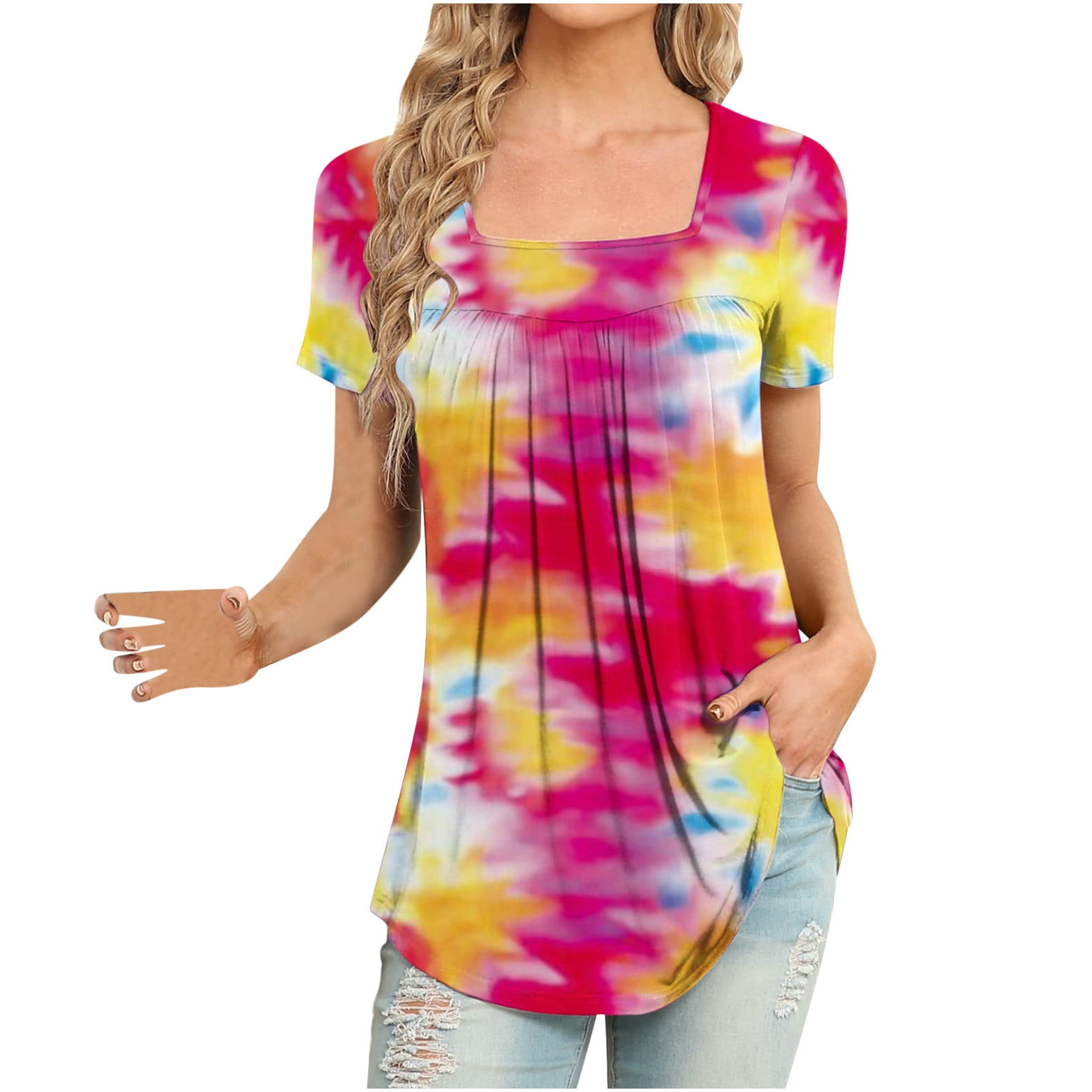 Floral Print Tops for Women Short Sleeve T Shirts Square Neck Casual Workout Shirt Fashion Graphic Boho Tees Tops Tunics