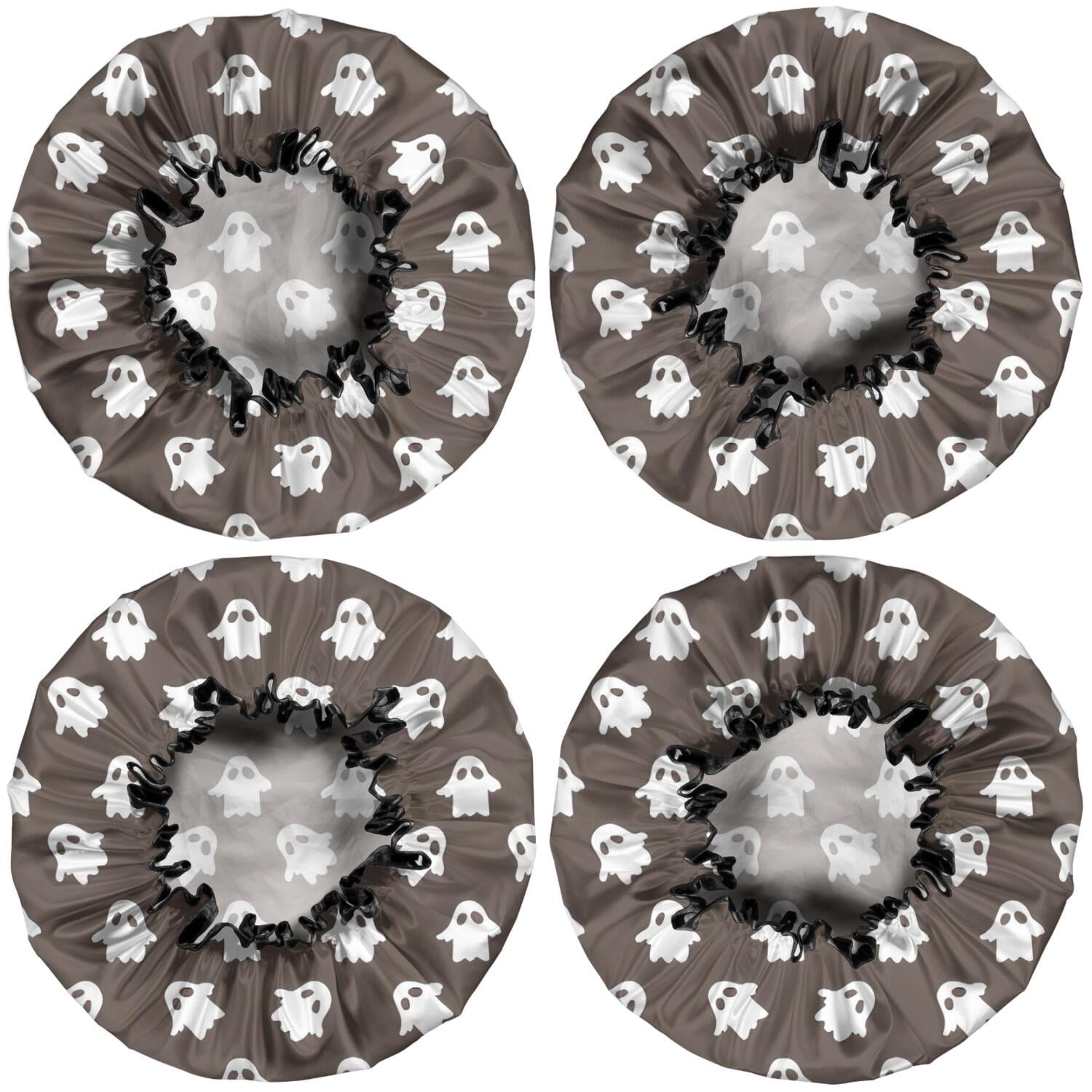 Shower Caps,Brown Halloween Ghost Pattern Waterproof Shower Cap for Women 4 Pieces,Double Reusable Hair Cover for Shower PEVA Elastic Stretch Hem