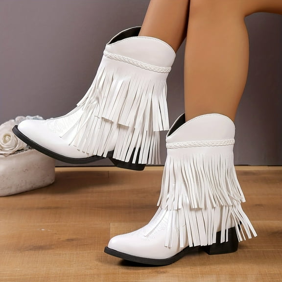 SUNVIT Womens White Western Fringe Boots - Size 40, Comfortable Wear-Resistant PU, Pointed Toe & Double-Layer Fringe, Bohemian Style for Music Festivals & Casual Outings