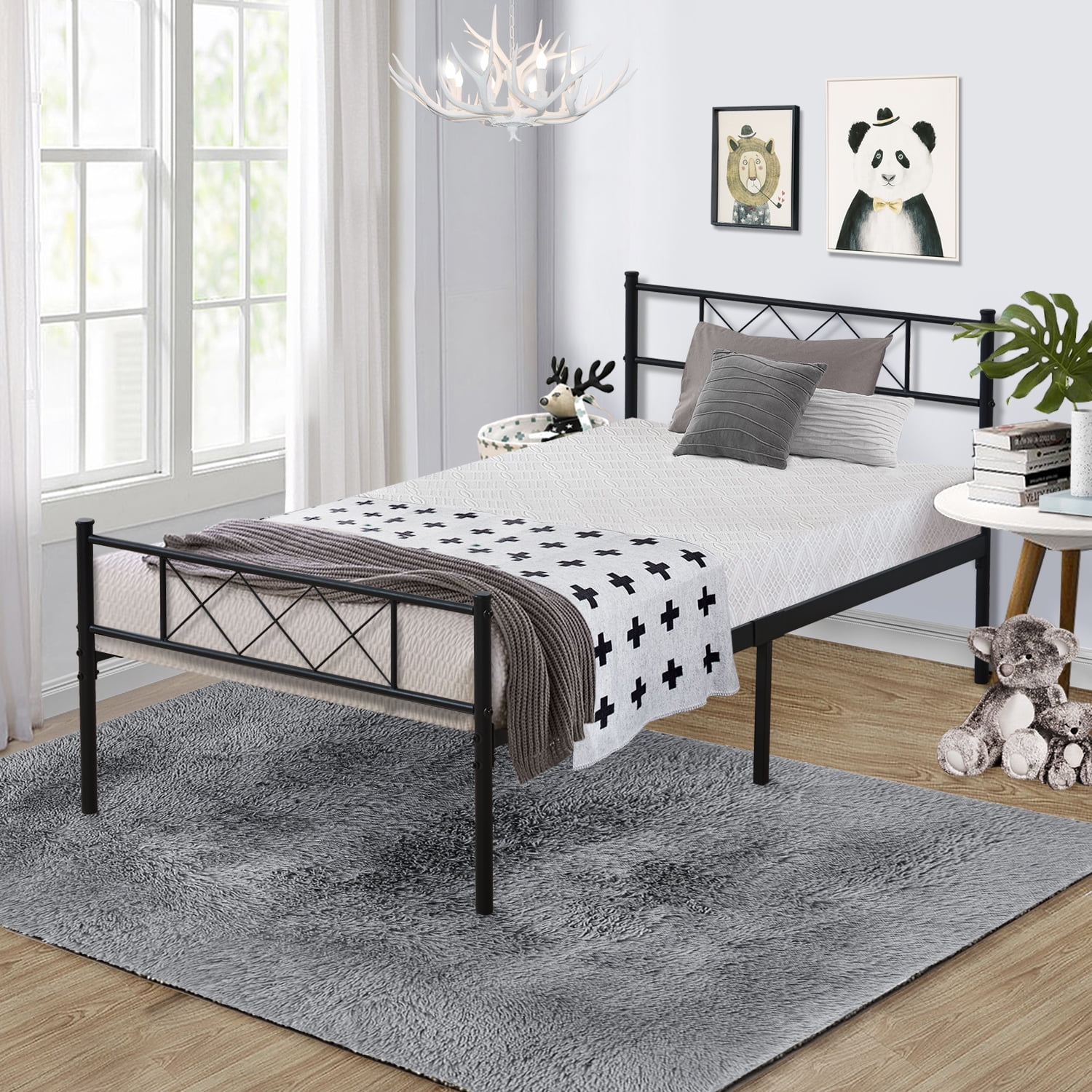 Twin Size Traditional Metal Bed with Headboard Platform Kids Bed Frame