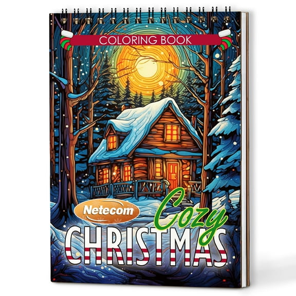 Netecom Cozy Christmas Coloring Book Spiral Bound for Adults, A5 Wooden Cover, 30 Serene Coloring Pages of Snowy Village Scenes in Xmas Day for Stress Relief and Relaxation