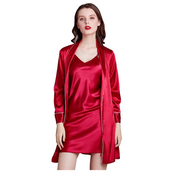 Women's Short Robe Silky Satin Bathrobe Comfy V Neck Solid Color Long Sleeve Sleepwear Soft Nightgown with Belt